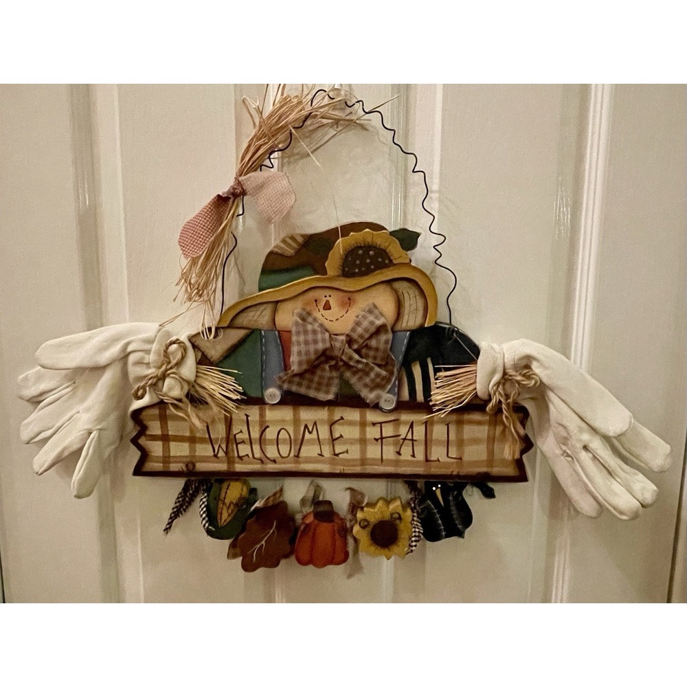 Vtg Hand Painted Wood Door Sign Scarecrow Welcome Fall Halloween Autumn Decor